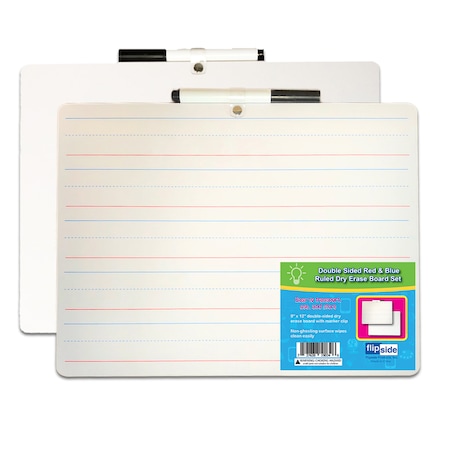 Flipside Two-Sided Primary Ruled/Blank Dry Erase Board w/Marker, 9 x 12in, PK3 19034